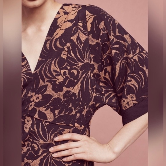 NEW Anthropologie Maeve Mirabilis Batwing Kimono Sleeve Knee Length Dress Brown - Picture 2 of 10